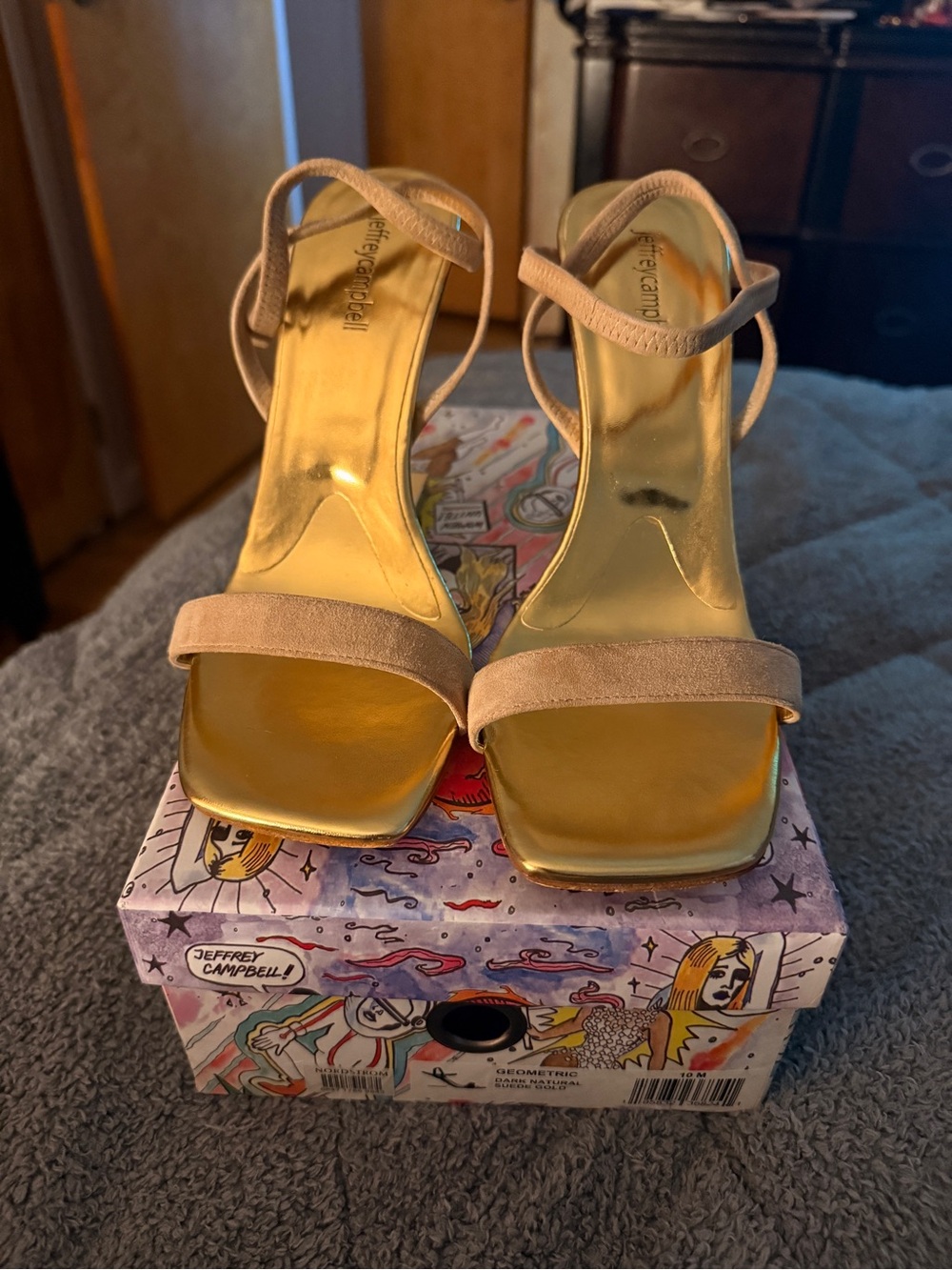 Jeffrey Campbell Gold Metallic Square-Toe Sandal with Nude Straps